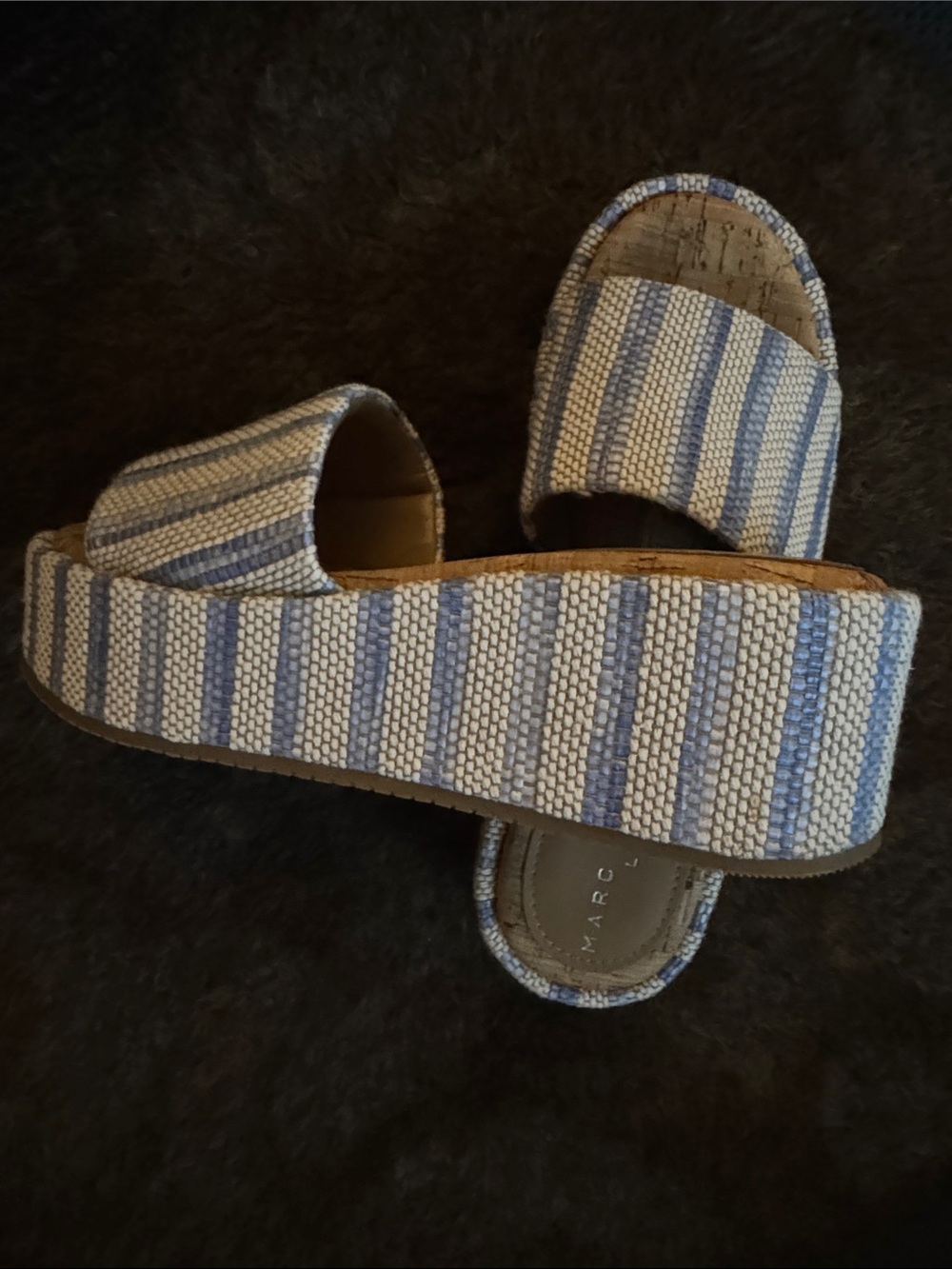 Marc Fisher Blue and Cream Striped Platform Slide Sandals